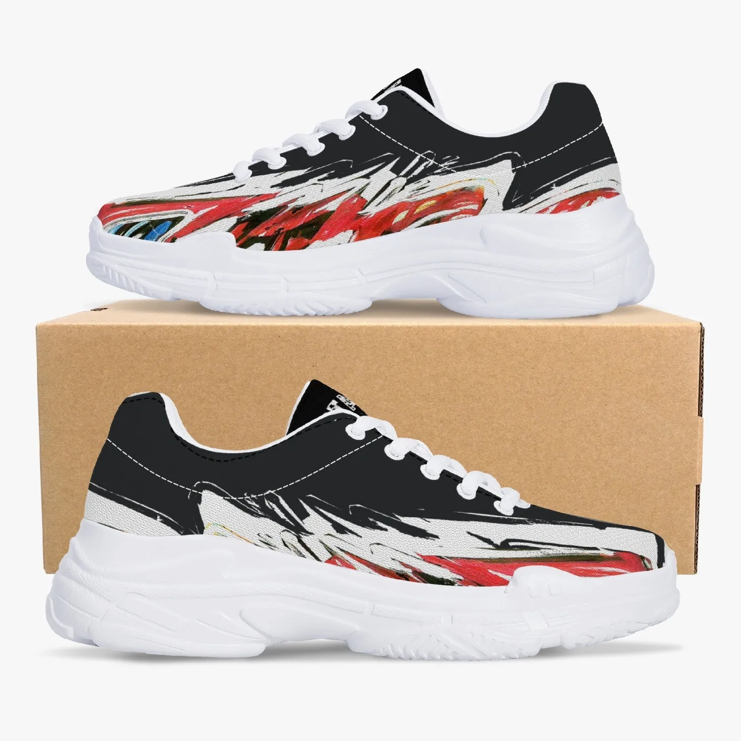 All colors Trendy Chunky Sneakers - White/Black With Red Waves