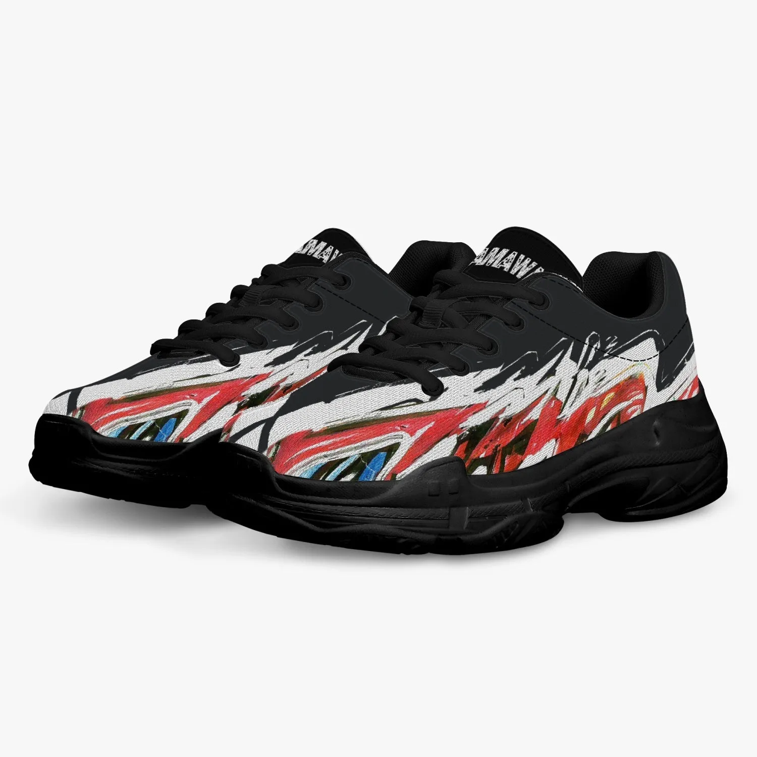 All colors Trendy Chunky Sneakers - White/Black With Red Waves