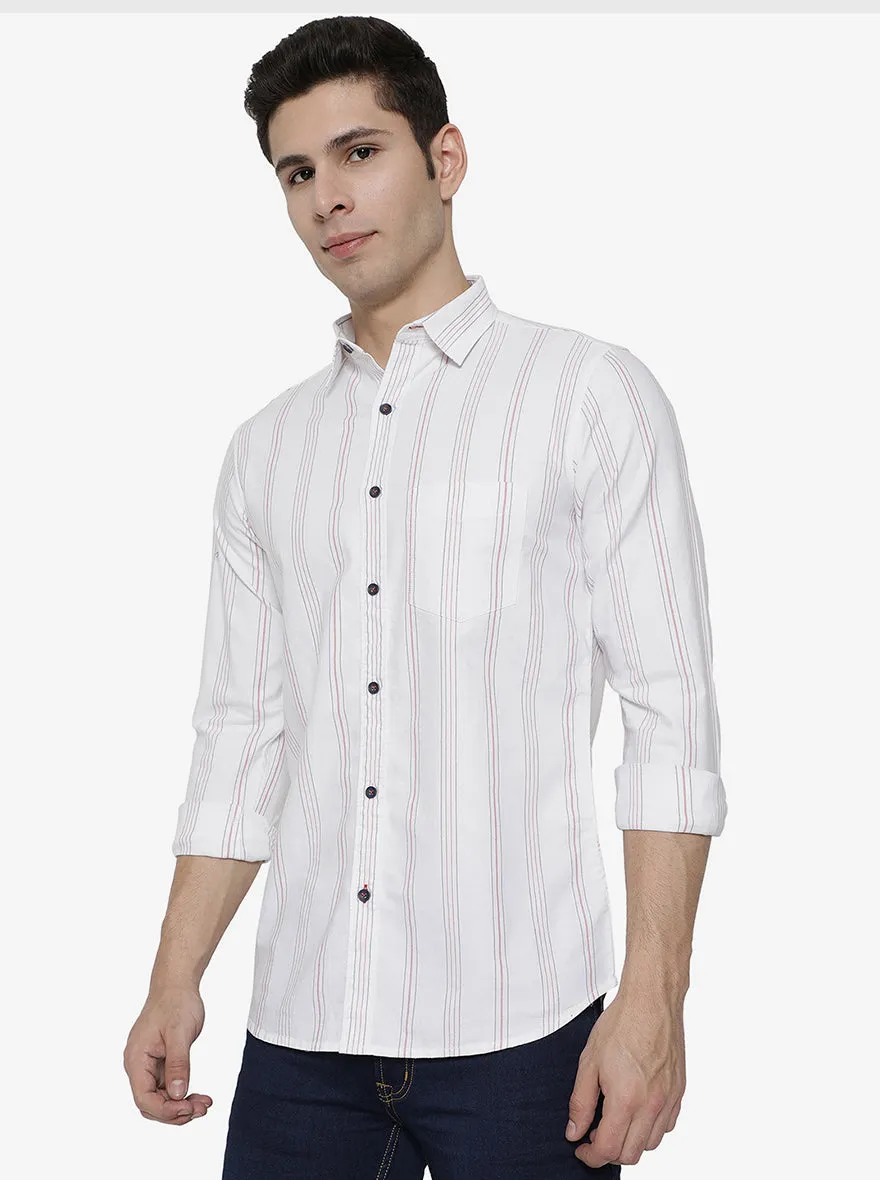 Bright White Striped Slim Fit Semi Casual Shirt | JadeBlue