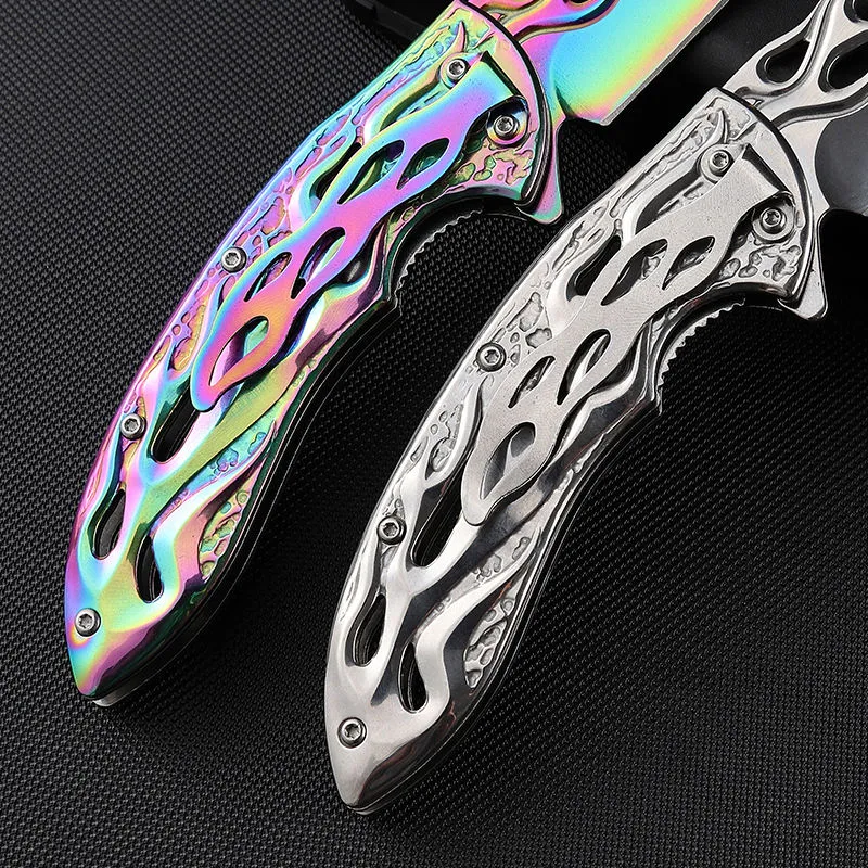 Colorful 3D Relief Folding Pocket Outdoor Survival Tactical Knife Portable Camping Hiking Knife Edc Stainless Steel Knives