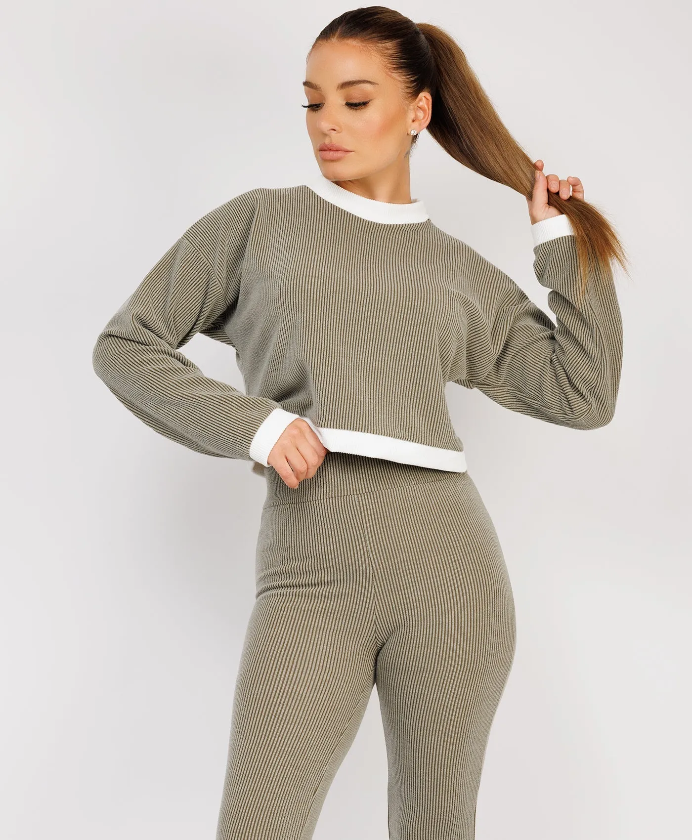 Khaki Contrast Stripe Jumper & Split Detail Trousers Loungewear Set