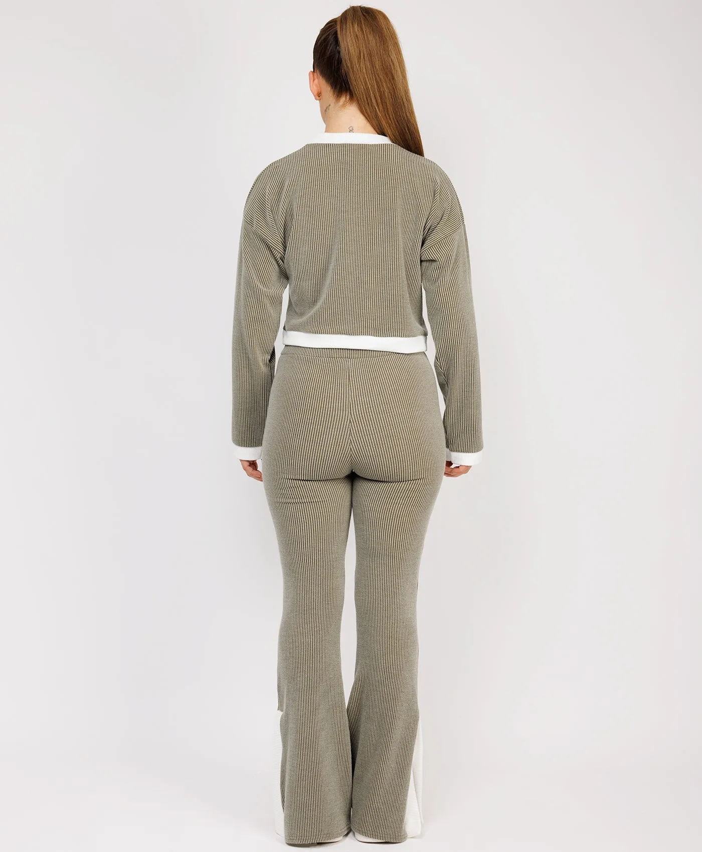 Khaki Contrast Stripe Jumper & Split Detail Trousers Loungewear Set