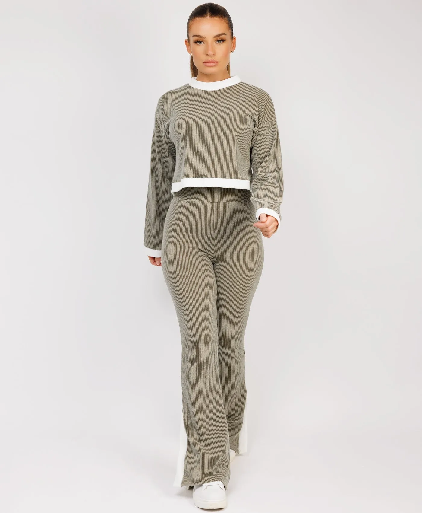 Khaki Contrast Stripe Jumper & Split Detail Trousers Loungewear Set