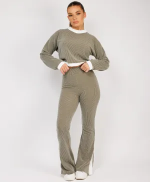 Khaki Contrast Stripe Jumper & Split Detail Trousers Loungewear Set