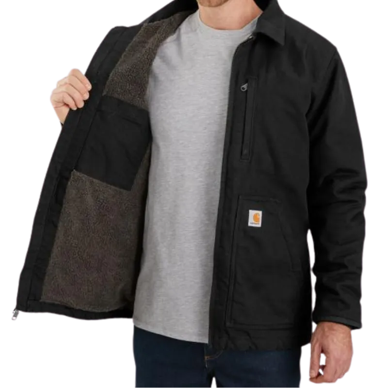 Loose Fit Washed Duck Sherpa-Lined Coat | Black