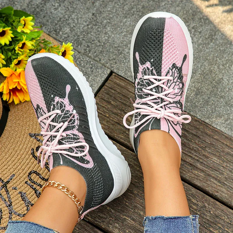 Sohiwoo Women Fashion Butterfly Print Knitted Sneakers 2024 Spring Comfortable Soft Sole Casual Shoes Woman Flat Heels Walking Shoes