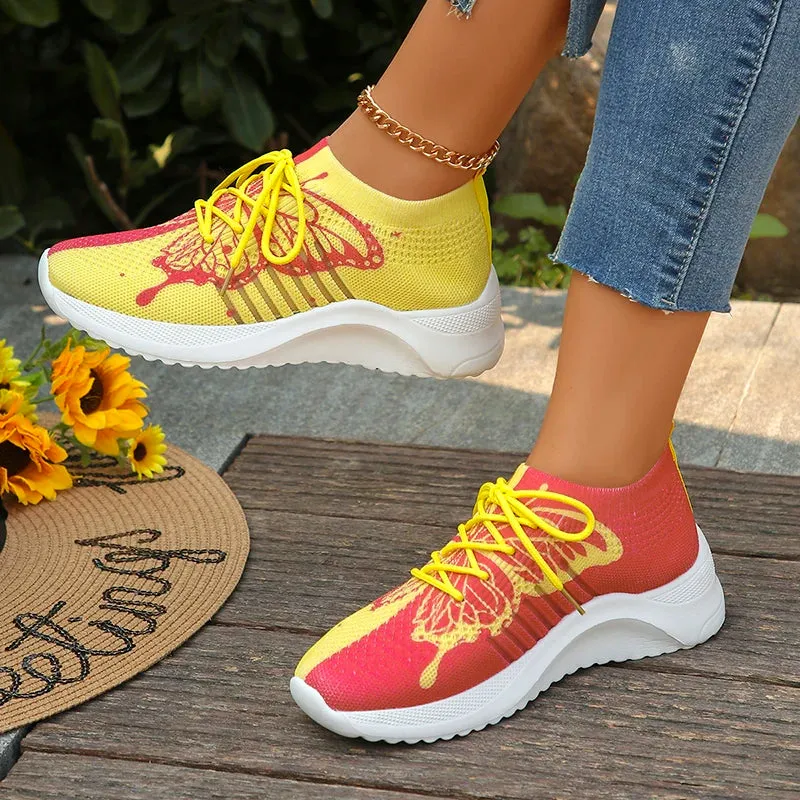 Sohiwoo Women Fashion Butterfly Print Knitted Sneakers 2024 Spring Comfortable Soft Sole Casual Shoes Woman Flat Heels Walking Shoes