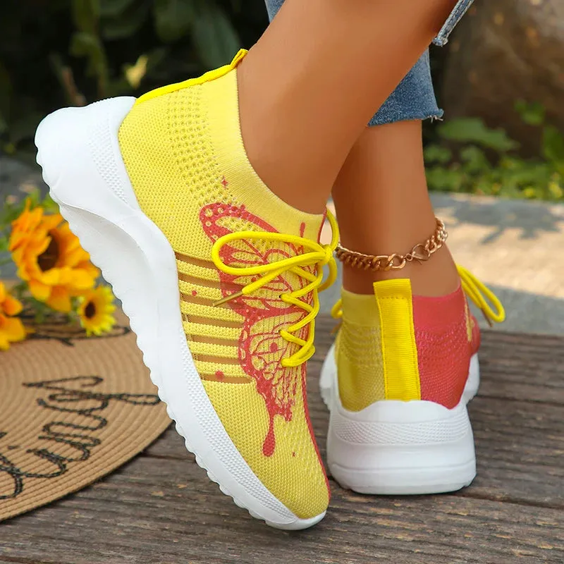 Sohiwoo Women Fashion Butterfly Print Knitted Sneakers 2024 Spring Comfortable Soft Sole Casual Shoes Woman Flat Heels Walking Shoes