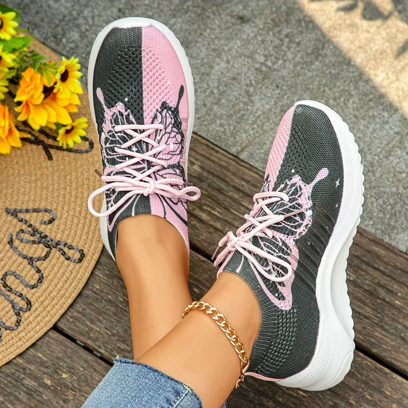 Sohiwoo Women Fashion Butterfly Print Knitted Sneakers 2024 Spring Comfortable Soft Sole Casual Shoes Woman Flat Heels Walking Shoes