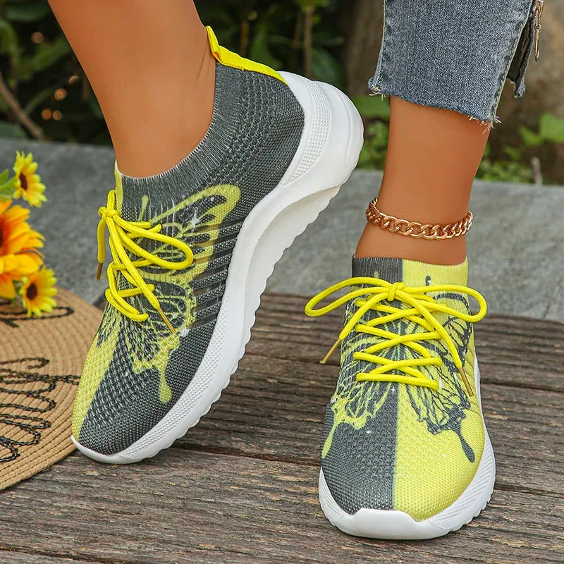 Sohiwoo Women Fashion Butterfly Print Knitted Sneakers 2024 Spring Comfortable Soft Sole Casual Shoes Woman Flat Heels Walking Shoes